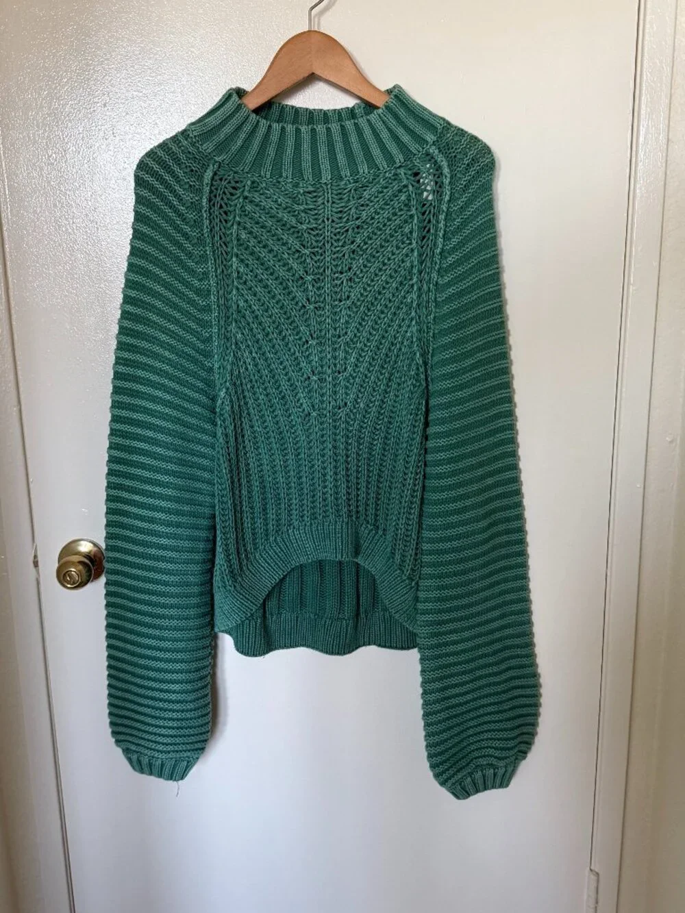 Free People Sweetheart Botany Green Chunky Knit Mock Neck Oversized Sweater L